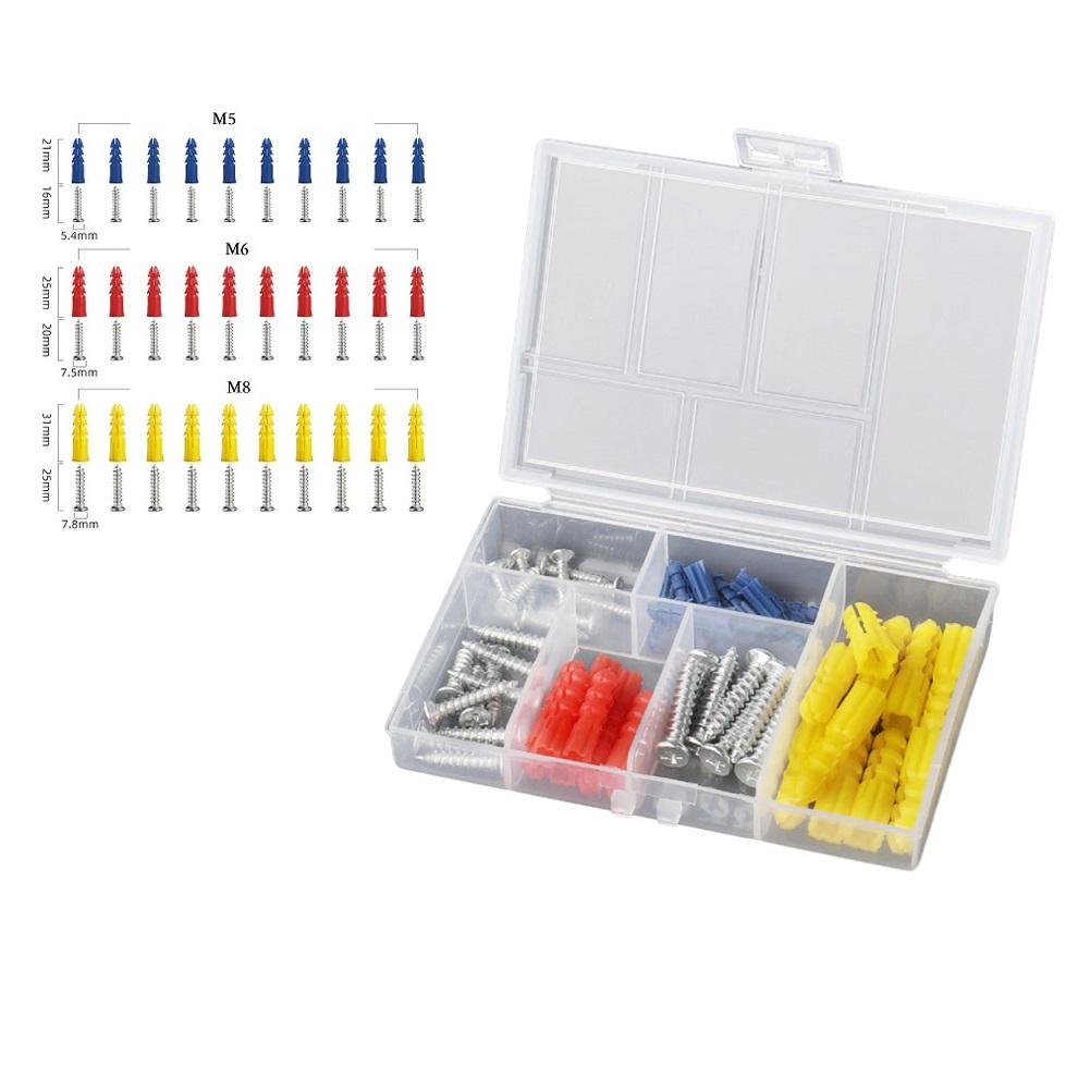 60PCS Self-Drilling Ribbed Plastic Wall Anchors with Stainless Steel Screws Assortment Kit for Drywall, Concrete, M5 M6 M8 Sizes