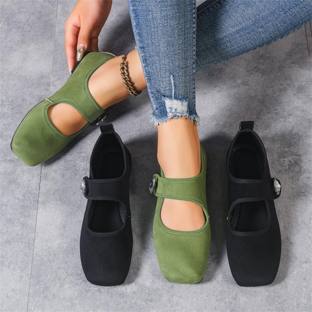 Women's Plus Size Casual Square Toe Flats with Rhinestone Decoration Adjustable Strap Comfortable Slip-On Shoes Suitable for Daily Wear