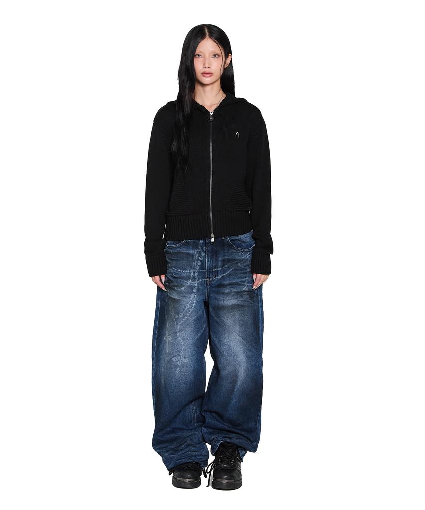 Aakam Structure Contrast Knitted Zip-Up Hoodie (Black)