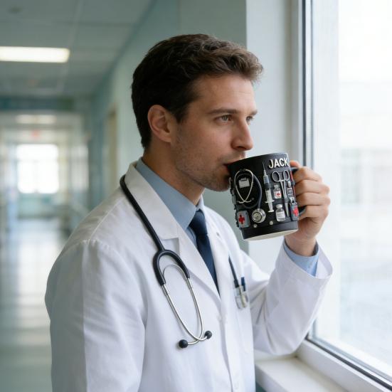 Personalisierte Tasse mit medizinischem Thema ER Jack Ersthelfer 3D Medizinische Werkzeuge Tasse Schwarze Keramik Kaffeetasse für Ärzte Krankenschwestern Praktisches Geschenk Sammlerstück