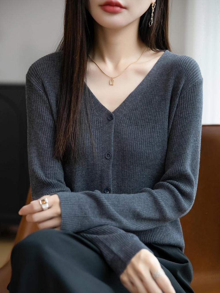 Damen Wollmischung Feingerippter V-Ausschnitt Cardigan Pullover
