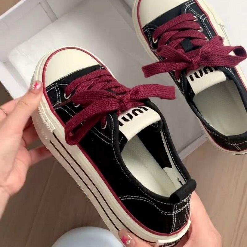 2025 Summer Retro Board Shoes Stacked Lace-up High-value Commuter Shoes Black and Red Canvas Shoes Ins Versatile and Wear-resistant