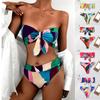 Women's Stitching Color Print Bikini Swimsuit With Underpants Open Back Swimwear