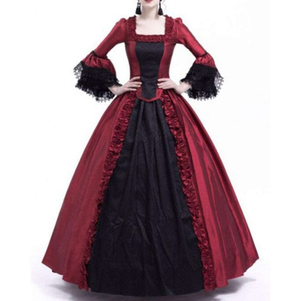 Damen Platzhals Lang ausgestellter Ärmel Spitze Patch Hohe Taille Vintage Mittelalterliches Maxi Hofkleid