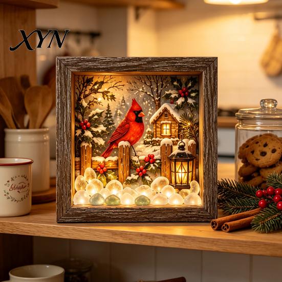 Winter Snow Scene Decoration Christmas Sea Glass Shadow Box Night Light, 3D Wooden Seasonal Shelf Display Art Frame with LED Warm Glow, Landscape