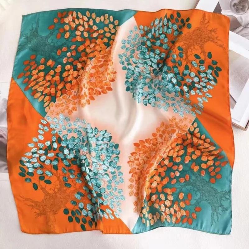 70Cm Poetic Autumn Leaves Scarf Orange Green Color-Blocking Scarves Women Imitation Silk Square Scarf Versatile Shawl Headscarf
