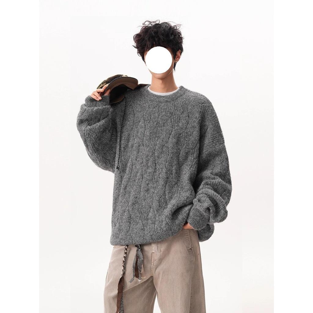 Retro heavy texture crew neck knitted sweater men's and women's autumn and winter design simple loose couple pullover top
