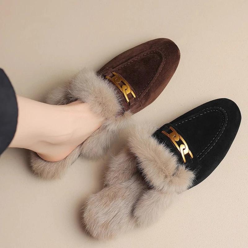 Fashion Women's Fashion Plush Slippers Winter New Retro Home Closed Toe Cotton Slippers Soft Flat Bottomed Toe Comfortable Women's Shoes