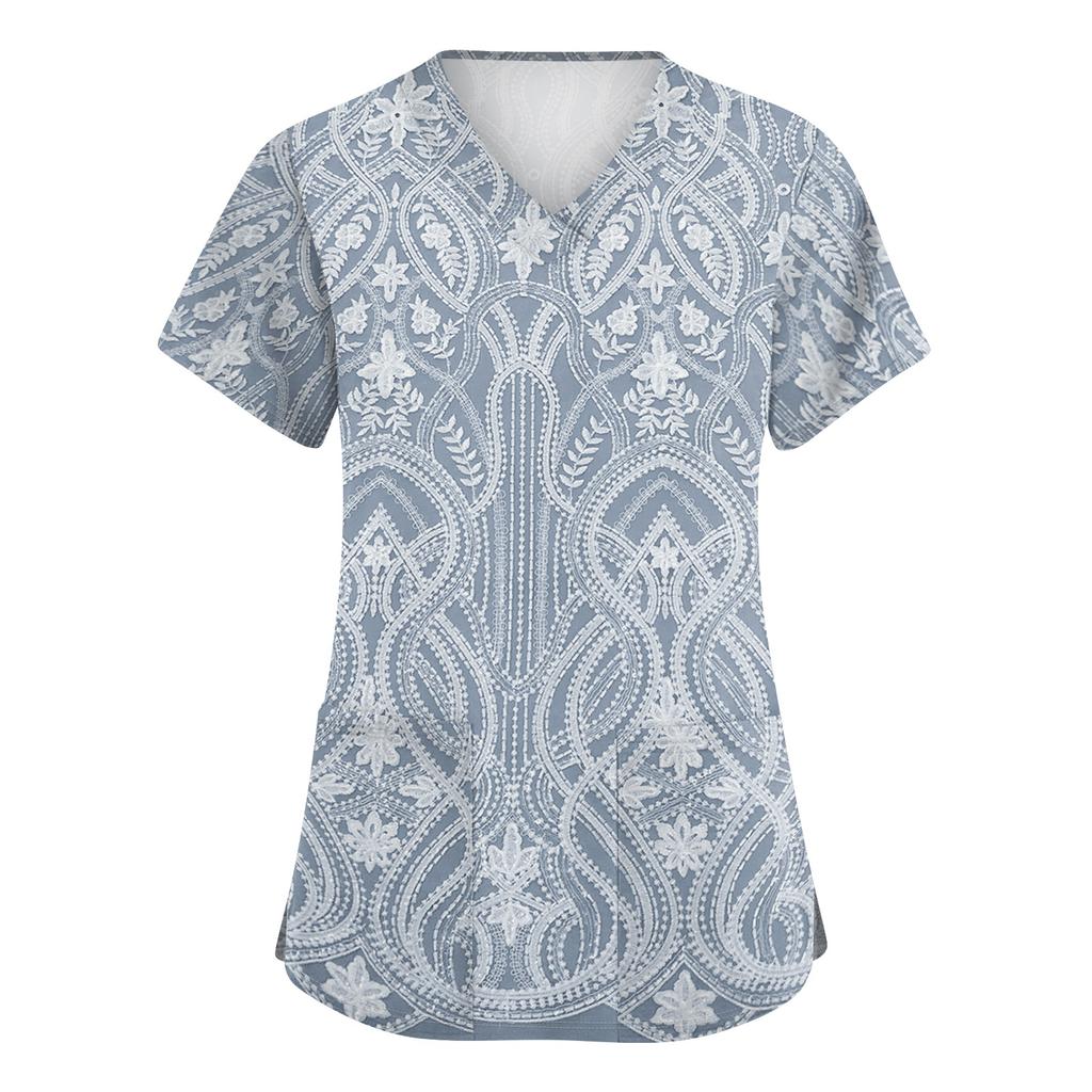 Women's Fashion Polka Dot V-Neck Short Sleeve Work Top with Pockets, Caregiver Uniform Shirt