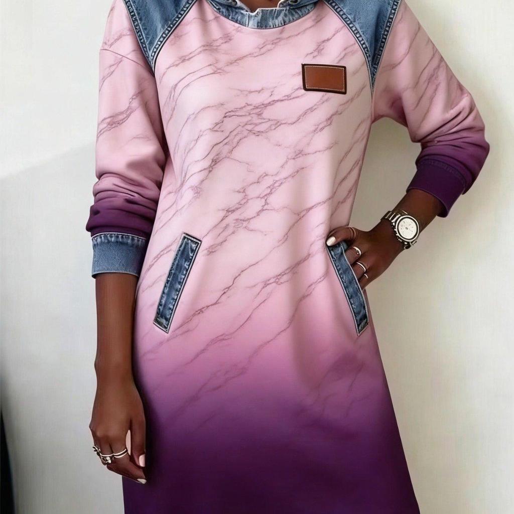 Elegant Women's Retro Print Denim Hoodie Dress - Soft, Comfortable Patchwork Design
