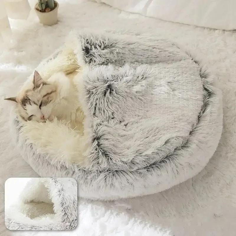 Plush Hooded Pet Bed Round Fluffy Soft Cat Bed Pet Cushion Warm Cat Dog 2 In 1 Sleeping Nest Cave for Small Dogs