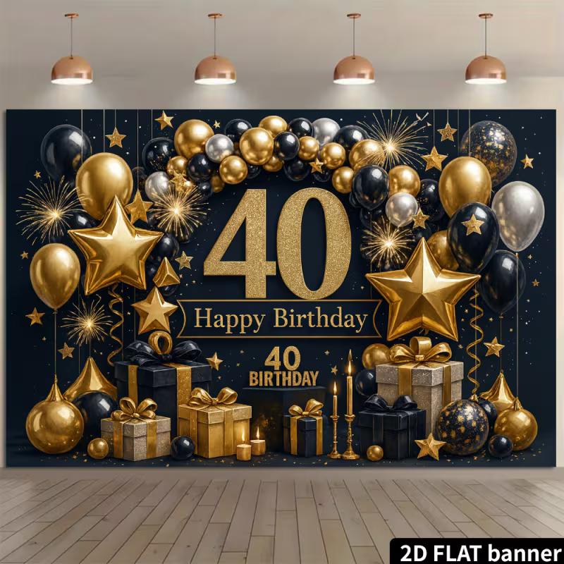 Sfondo 2D per Festa di 40° Compleanno - Scatola Regalo e Striscione con Palloncini Nero Oro di Lusso per Servizio Fotografico di 40° Compleanno per Adulti