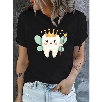 Casual Short-Sleeve Crew Neck T-Shirt Featuring a Tooth Fairy Design, Perfect for Spring And Summer, Designed for Women