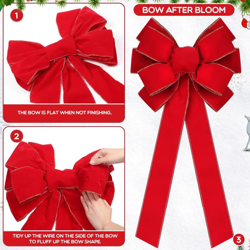 1-4PCS Red Christmas Bows Outdoor Decorations Large Christmas Tree Top Bow Velvet Wreath with Glitter Gold Edge Front Door Decor