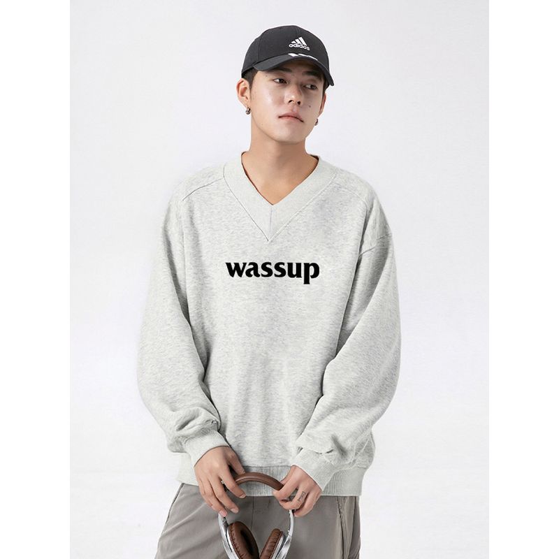 Wassup Trendy Brand Washed Vintage Heavyweight Sweatshirt for Men, Spring and Autumn 2025 New Style, Large V-Neck American-Style Loose Top