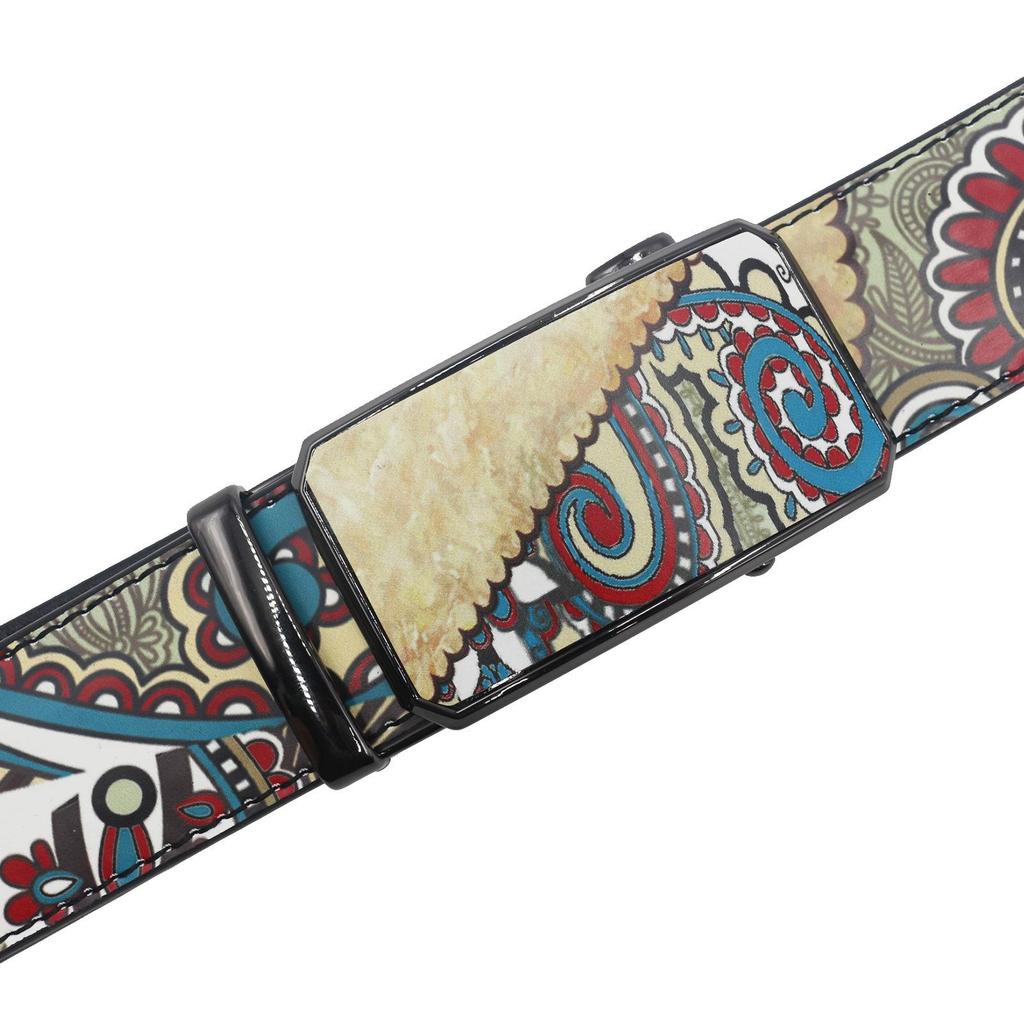 Retro Ethnic Style Automatic Buckle Leather Belt with Graffiti Print
