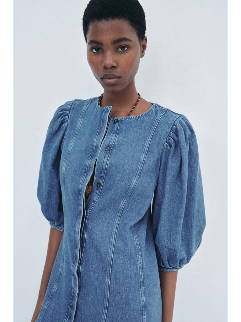 Elegant Denim Midi Dress: European & American Style, Round Neck, Short Sleeve