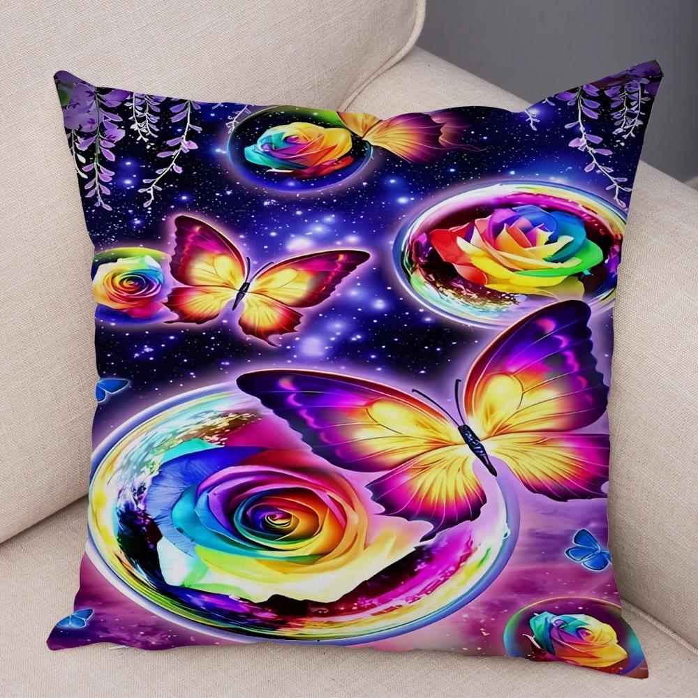 Tecknad Blomma Fjäril Djur Kuddfodral Dekor Blomma Kuddfodral för Soffa Hem Bil Fantasi Skog Mjuk Plysch Kuddfodral