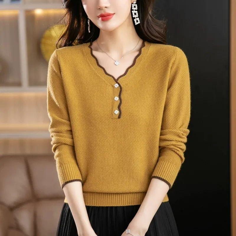 V-neck Sweater Women's Autumn and Winter Casual Long-sleeved Multi-color Base Knitted Sweater Loose Warm Pullover Long-sleeved Top