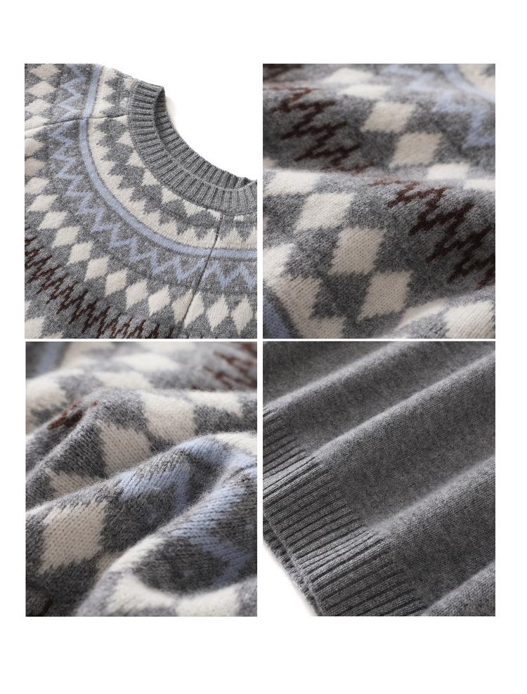Women's 100% Wool Fair Isle Round Neck Sweater - Retro Jacquard Knitwear for Autumn/Winter