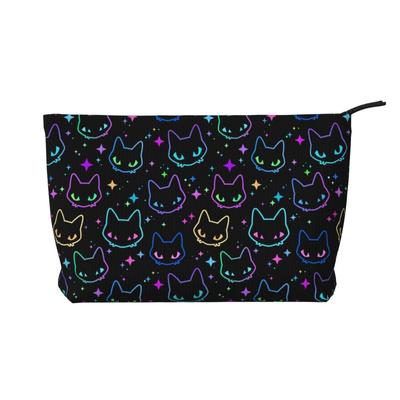 Colorful Neon Cat Heads Print Travel Cosmetic Bag Women Casual Makeup Case Foldable Lightweight Zippered Beauty Toiletry Bags