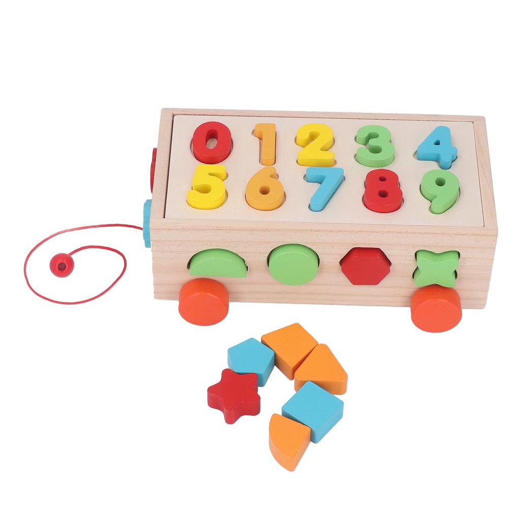 Geometric Shape Blocks Sorting Toy Colorful Wooden Numbers Blocks Matching Pull Cart