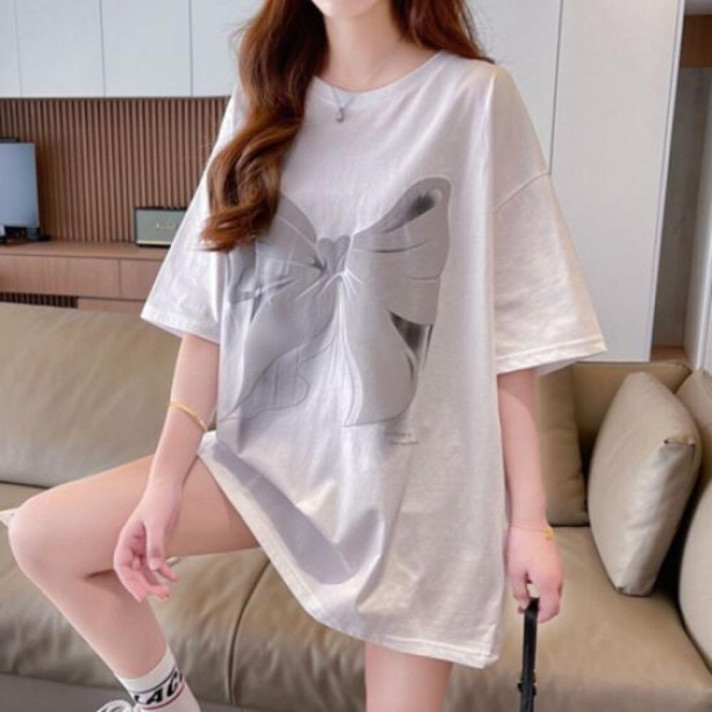 Navava Loose FiT Ribbon PrinT ShorT Sleeve Round Neck T shirT nT1839