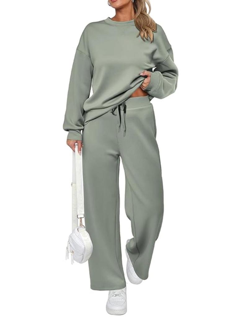 European & American Fashion Autumn Long Sleeve Set: Women's Casual Loose Solid Color Crew Neck Top & Pants