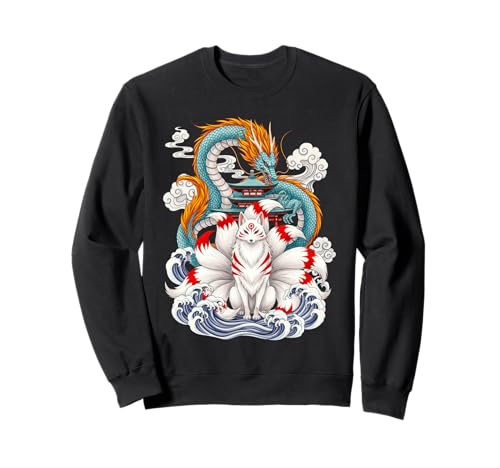 Japanese nine-tailed fox dragon tower myth sweatshirt