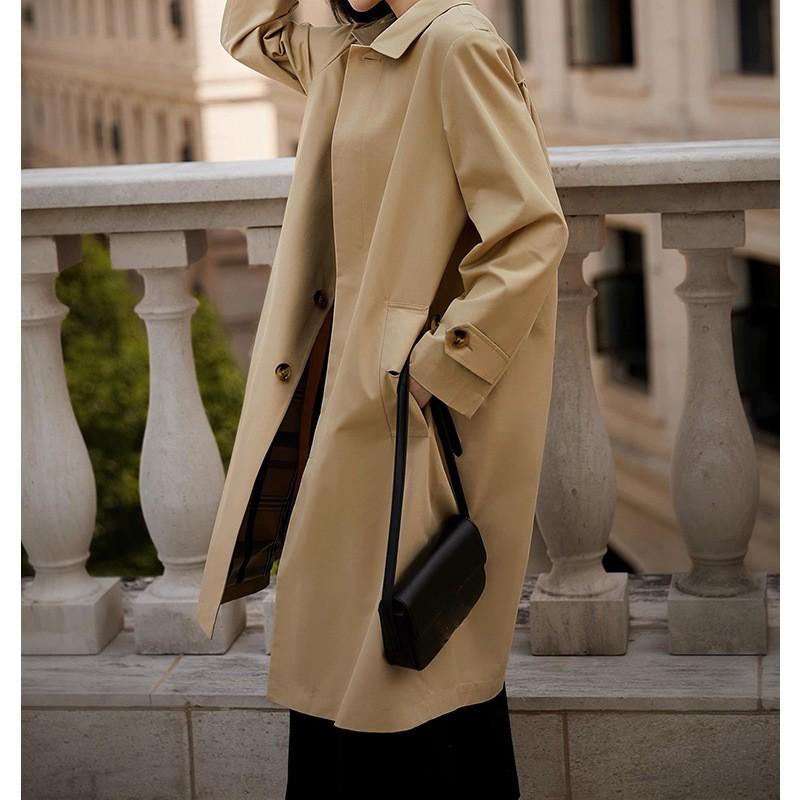 Womens Mid-Length Water-Resistant Wrinkled Trench Coat Cotton Blend Long Sleeve Single-Breasted Office Chic