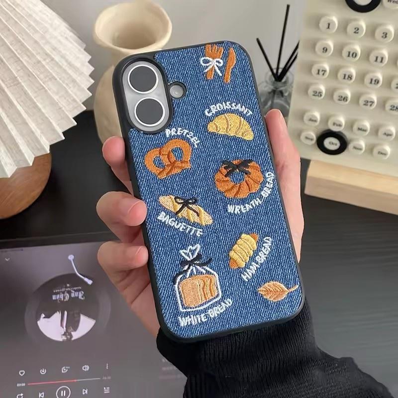 Retro Denim Embrpoidery Bread Toast Warm Fabric Phone Case For iPhone 17 Air 16 15 14 13 Pro Max Lovely Back Cover
