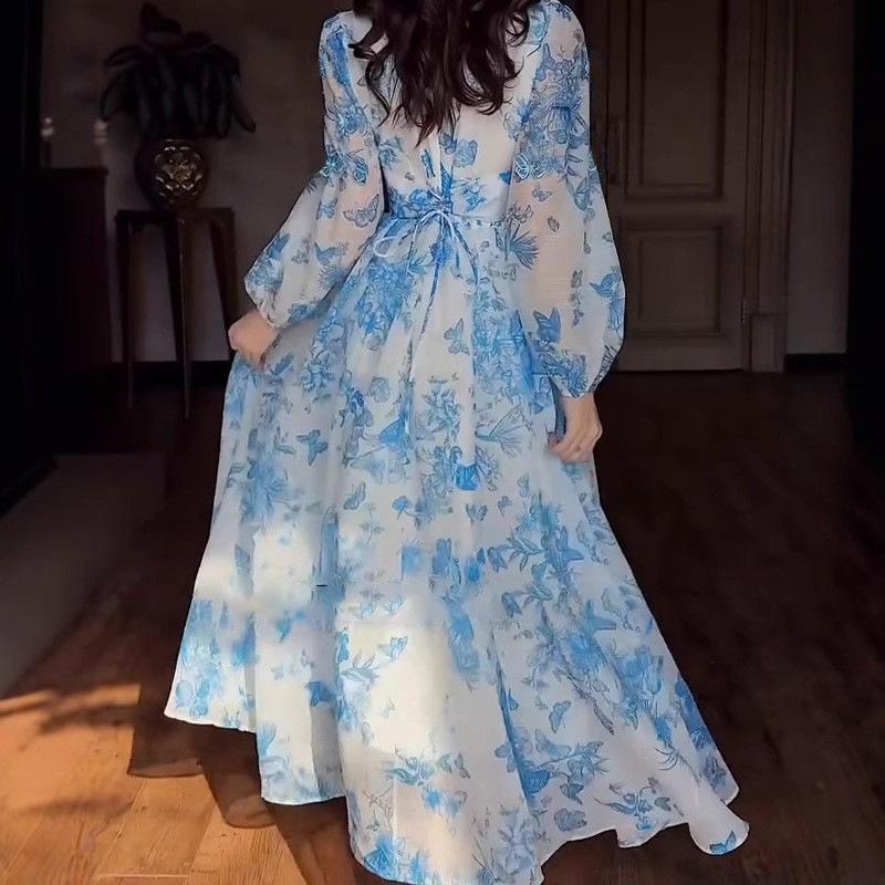 Summer new European and American high-waisted temperament French slim-fitting long-pendulum holiday dress