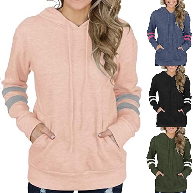Autumn and Winter New Women's Contrast Striped Hoodie Loose Kangaroo Pocket Sweater