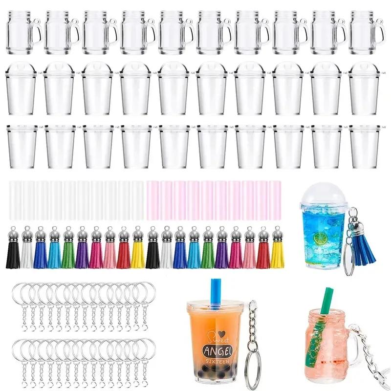 100Pcs Mini Milky Tea Key Chain Accessories Bubble Tea Cream Casting Kit Mini Cup Pendant with Key Ring Tassels Bubbles Straws