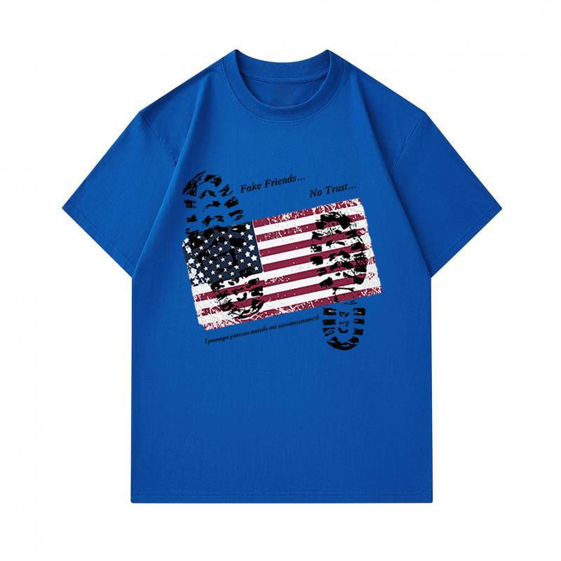 Men's 100% Cotton Crew Neck Short Sleeve T-Shirt, Distressed USA Flag Fake Friends No Trust Print Casual Comfortable Tee for Daily Wear