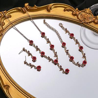 Lüks Vintage Gül Çiçeği Kolye Bileklik Küpe Seti Zarif Kadın Parti Takıları Aksesuarları Sevgililer Günü Hediyesi