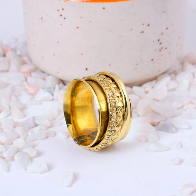 

Handmade Brass Spinner Fidget Ring | Detailed Floral Pattern & Stacked Polished Bands | Anxiety Relief Statement Ring 12 срібний
