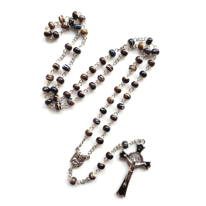10mm Acrylic Bead Rosary Necklace Vintage Weave Catholic Religious Cross Jesus Pendant Necklaces for Men Women Jewelry Charm