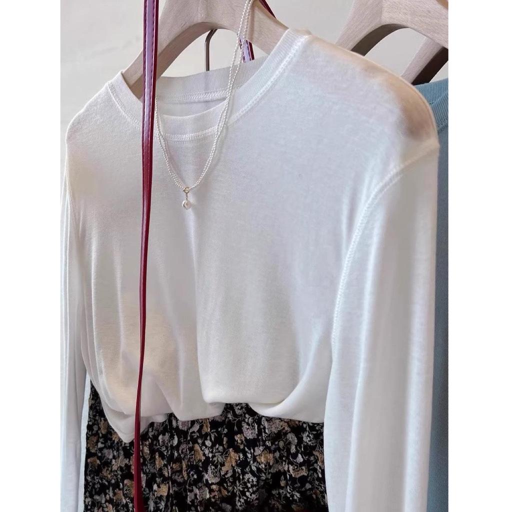 Women's 2023 Soft Wool & Tencel Long-Sleeve Round Neck Solid Color Mask T-Shirt