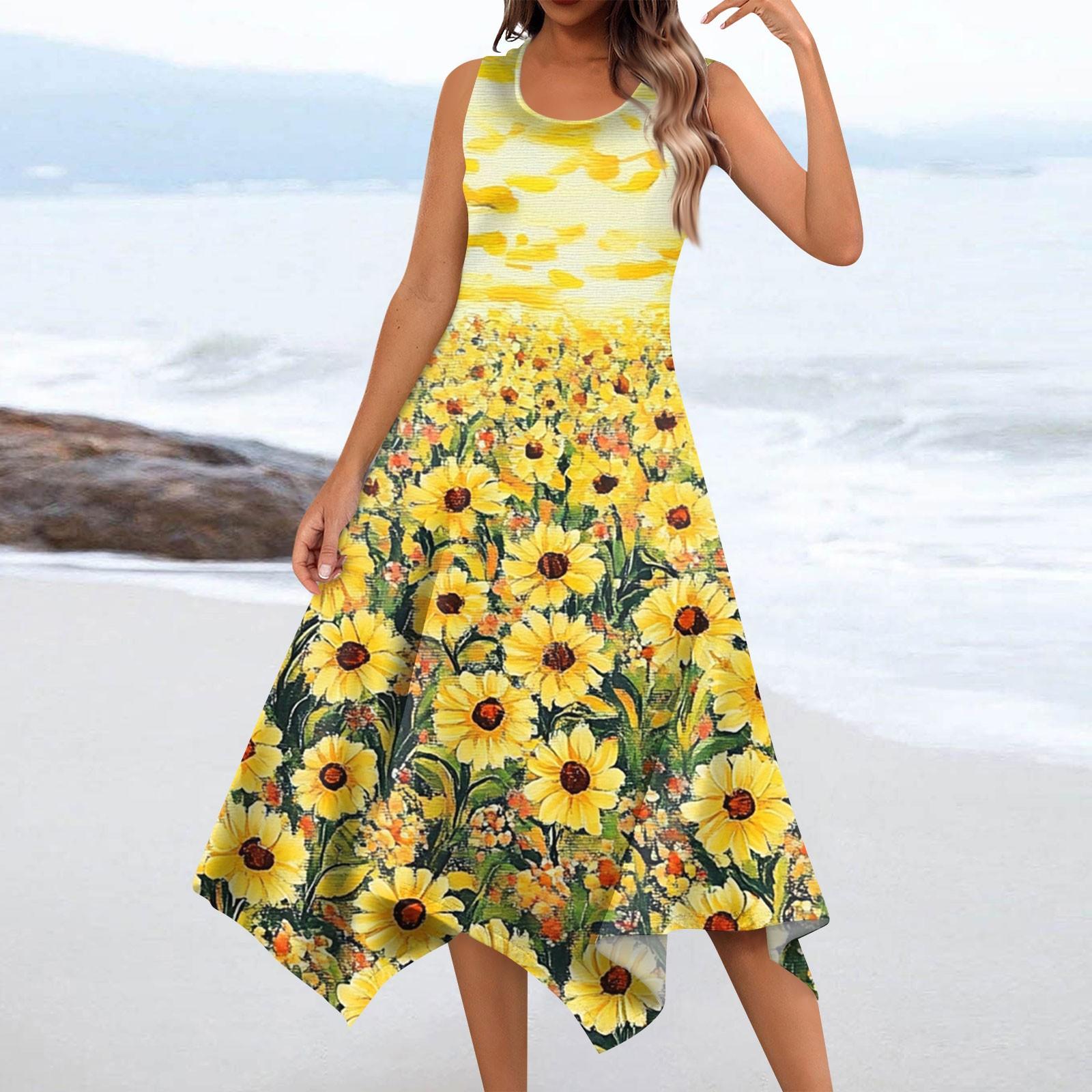 

Женское повседневное модное платье миди без рукавов с круглым вырезом и цветочным принтом, нерегулярный подол XL жёлтый