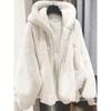 2024 Women's Winter Mid-length Faux Rex Rabbit Fur Coat with Hood and Fleece Lining
