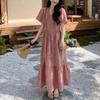 Elegant V-Neck Folds Dresses Short Sleeve Summer A-Line Waist Vintage Broken Flowers Spliced Long Dress