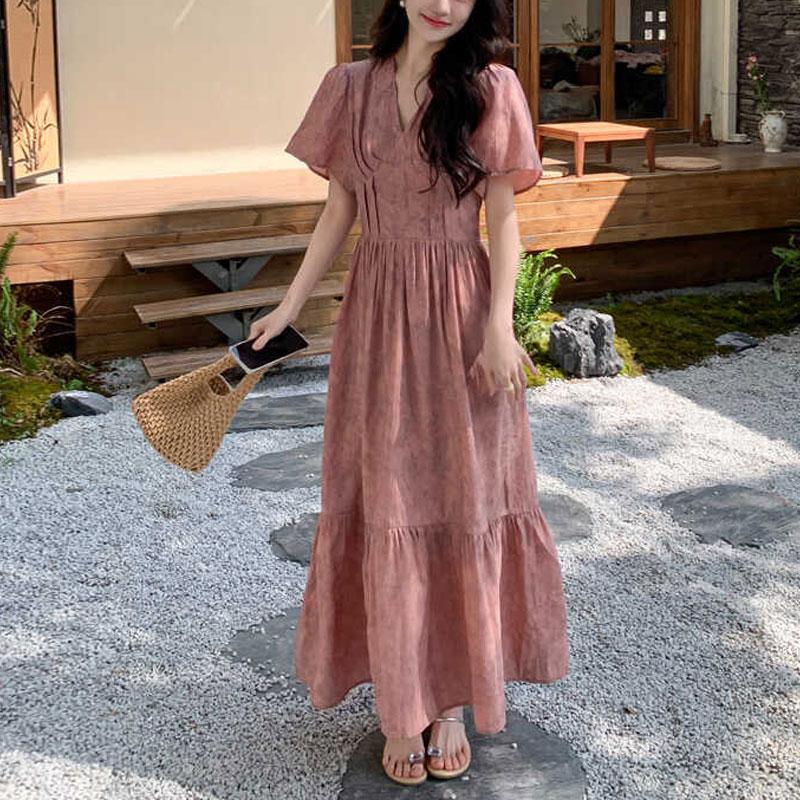 Elegant V-Neck Folds Dresses Short Sleeve Summer A-Line Waist Vintage Broken Flowers Spliced Long Dress