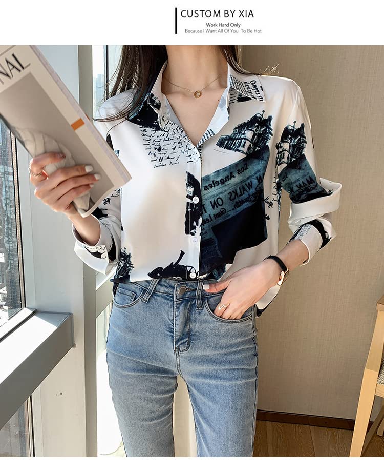 Fairy Stone Long Sleeve Chiffon Blouse with Letter Size Women's Print, V-Neck, Casual/Formal, B-24 (White, M)