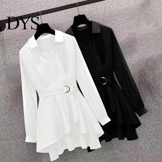 Tunic Shirt Lapel V Neck Long Sleeves Irregular Hem Plus Size Women Waist Tight Adjustable Belt Pullover Top Female Clothing