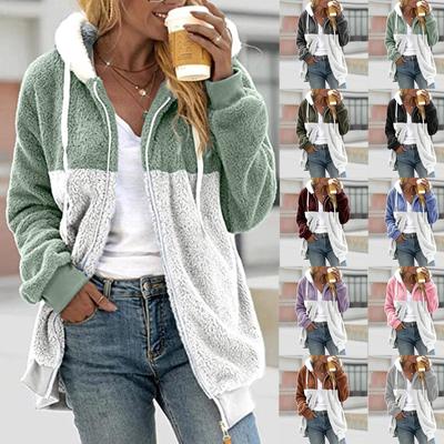 Women's Loose Large Size Plush Multicolor Paneled Hooded Zip Jacket