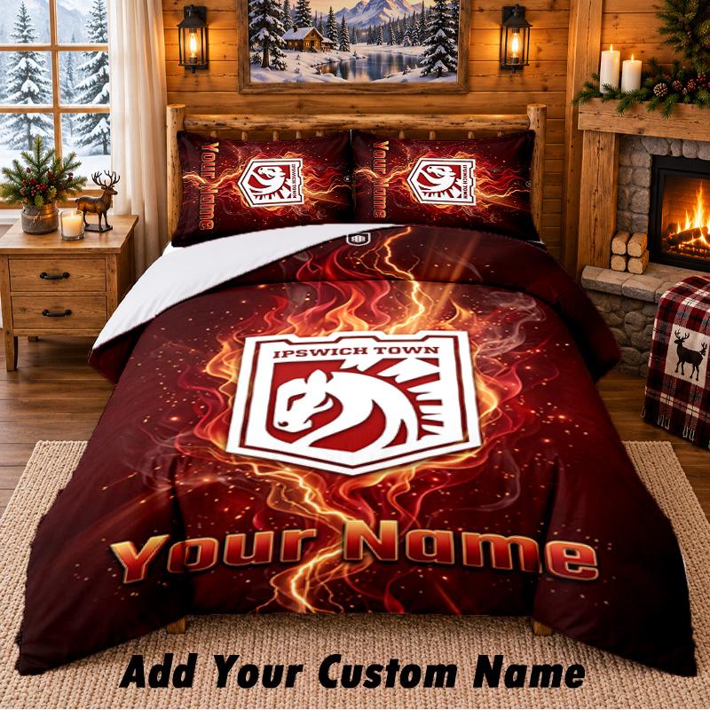 Ipswich Town Pattern Bedding 3Pcs Set Custom Name, Bed Sheet And Pillowcases For Home Bedroom