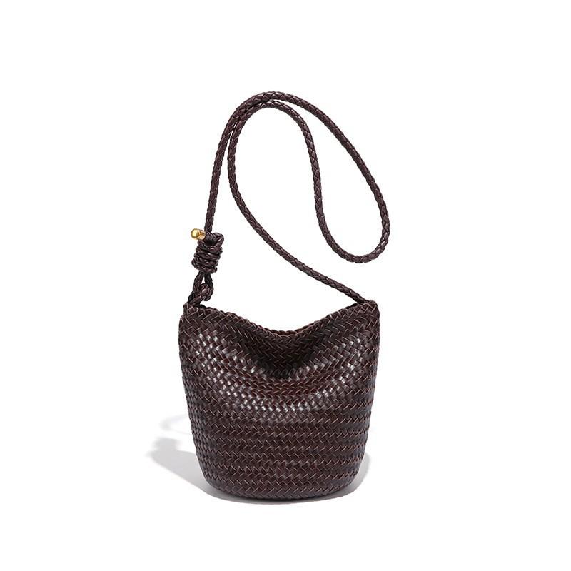 

Cattle Leather Bag Women s French Retro Rattan Woven Handmade High-quality Single Shoulder Cross-slung Bucket