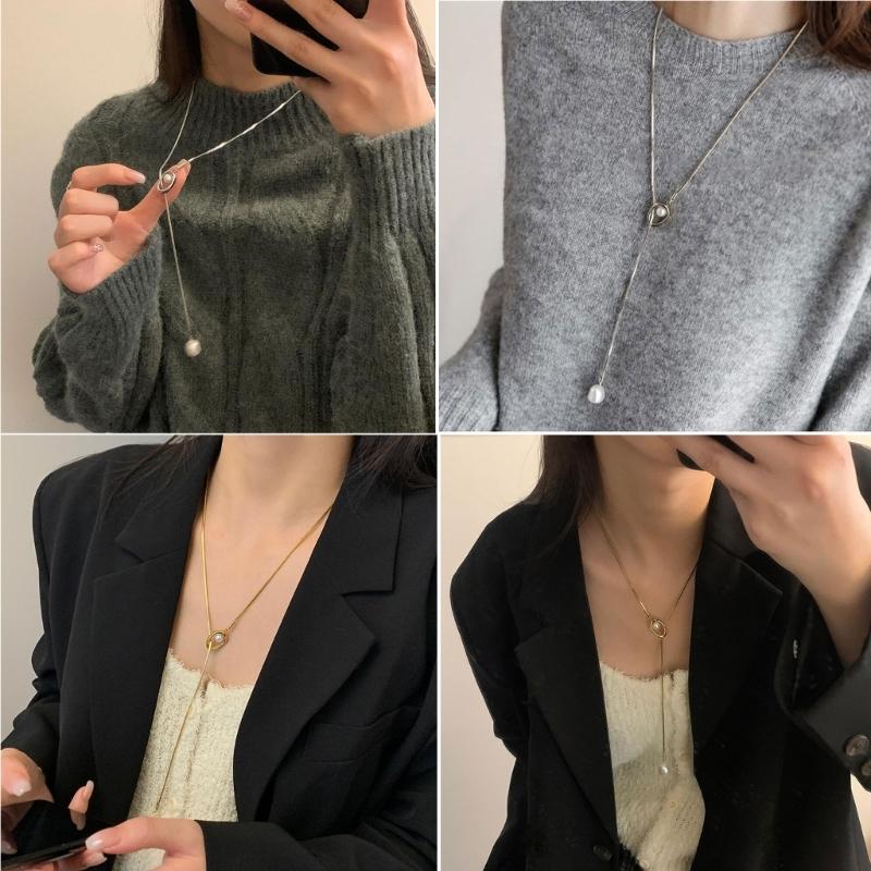 Sturdy Brass Adjustable Chain Baroque Pearls Pendant Long Necklace for Women's Fashion Sweater Chain Jewelry Accessory