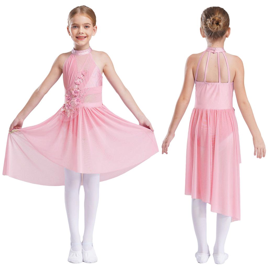 Kids Girls Ballet Lyrical Dance Dresses Sleeveless Irregular Hem Shiny Sparkly Rhinestones Delicate Applique Dress Dancewear